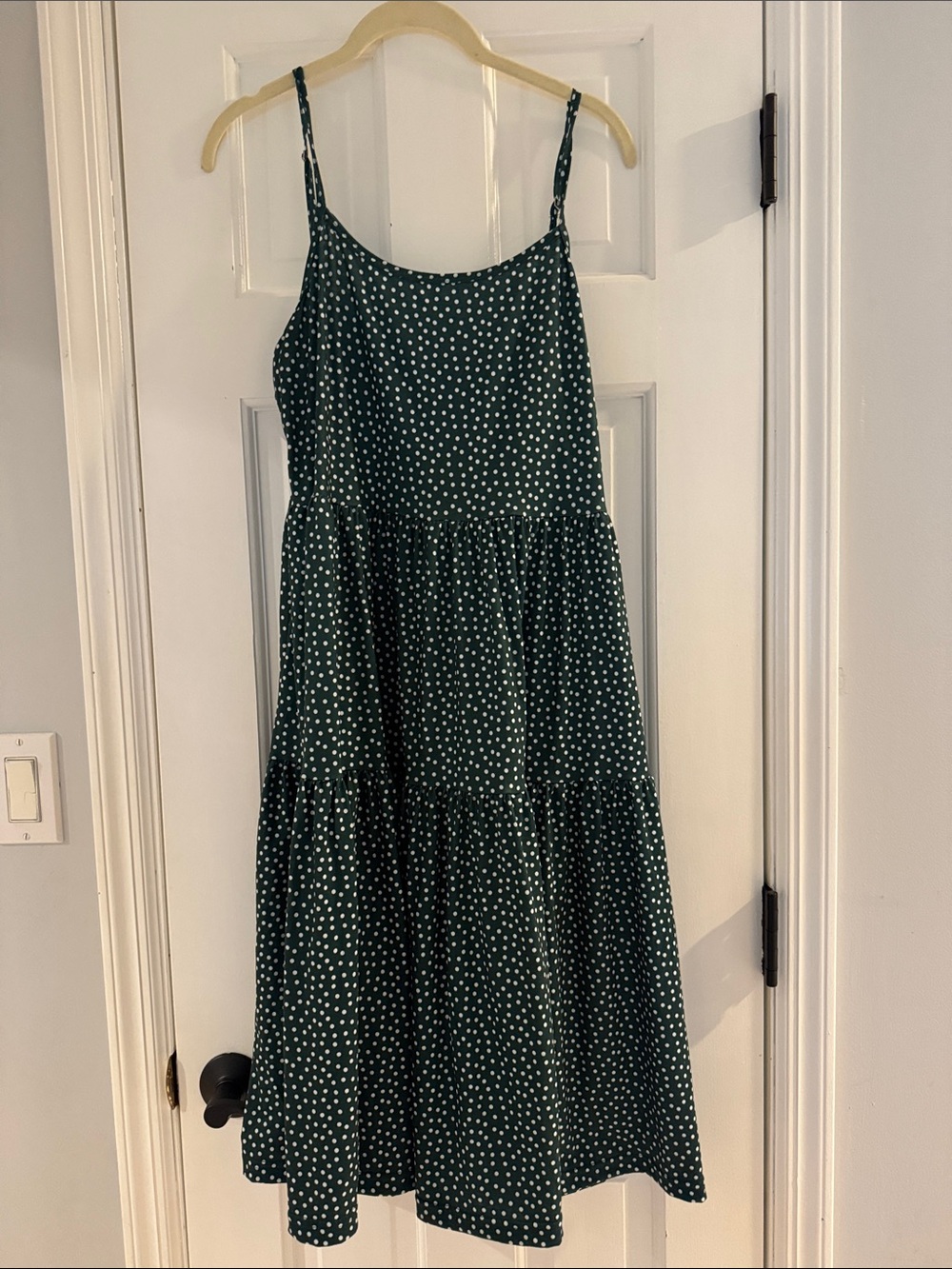 Polka Dot Spaghetti-Strap Midi Dress in Dark Green